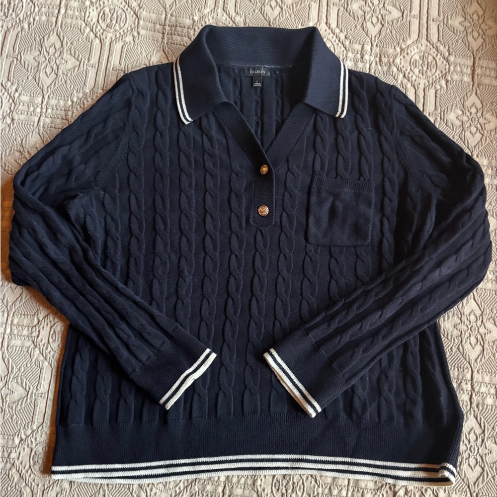 Navy Cable Knit Polo Sweater